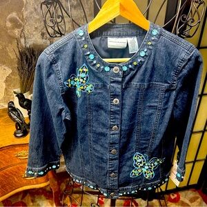 Vintage Deadstock Y2K Alfred Dunner Beaded Butterfly Dark Denim Jacket: Size 6P